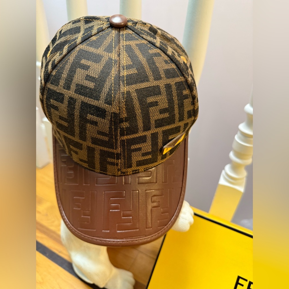 Fendi Tan Monogram Cap with Leather Embossed bill and Gold EYE Accent - Picture 3 of 9
